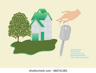 Banner Companies selling, buying, leasing real estate - house, female hand holding a key, details for communication, tree, lawn - light background - art creative modern illustration vector