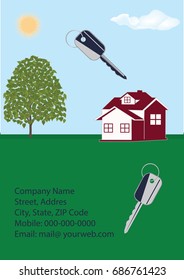 Banner Companies selling, buying, leasing real estate - cottage, keys, contact details, tree, sky, sun, grass, - art abstract creative modern illustration vector