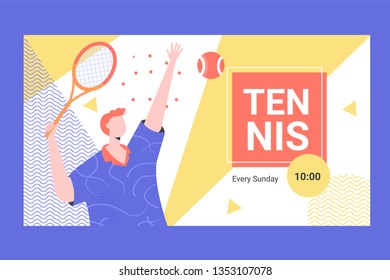 Banner for competitions or training in innings. Male player with a racket makes a tennis innings. Vector illustration.