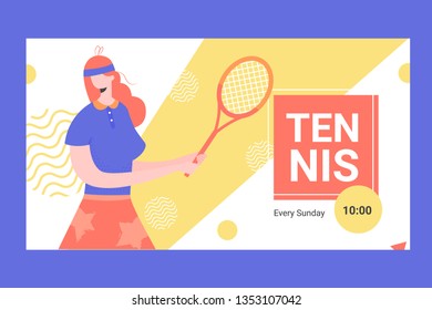 Banner for competitions or training in tennis. Female player with a racket. Vector illustration.