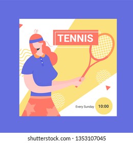 Banner for competitions or training in tennis. Female player with a racket. Square shape for social networks. Vector illustration.