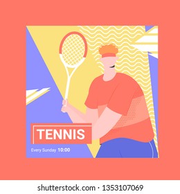 Banner for competitions or training in tennis. Male player with a racket. Square shape for social networks. Vector illustration.