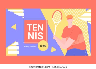 Banner for competitions or training in tennis. Male player with a racket. Vector illustration.