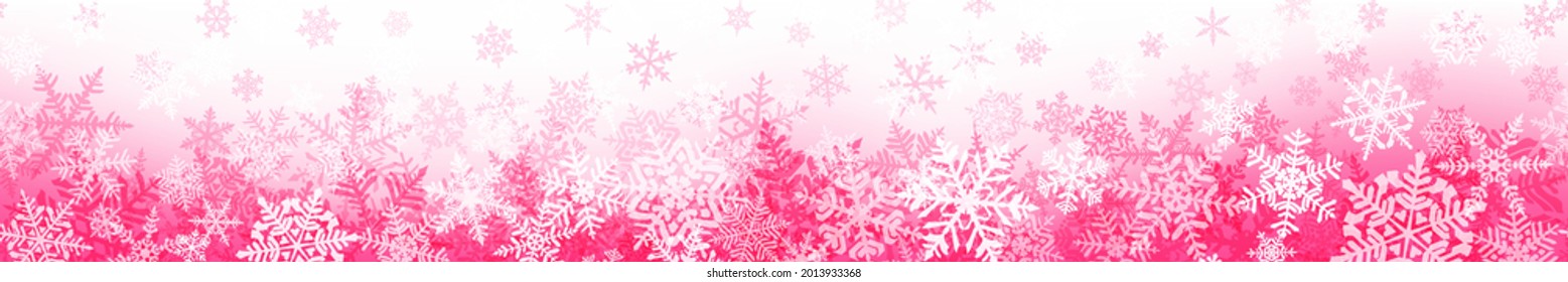 Pancarta de complejos copos de nieve navideños con constante repetición horizontal, en colores rosados. Fondo invernal con nieve en caída