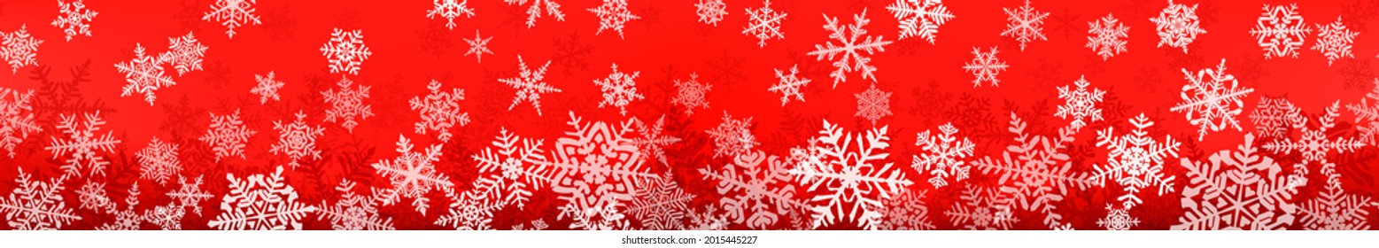 Banner of complex Christmas snowflakes with seamless horizontal repetition, in red colors. Winter background with falling snow