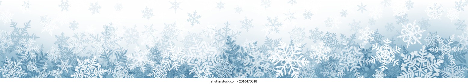 Banner aus komplexen Weihnachtsschneeflocken mit nahtloser horizontaler Wiederholung, in grauen Farben. Winterhintergrund mit fallendem Schnee