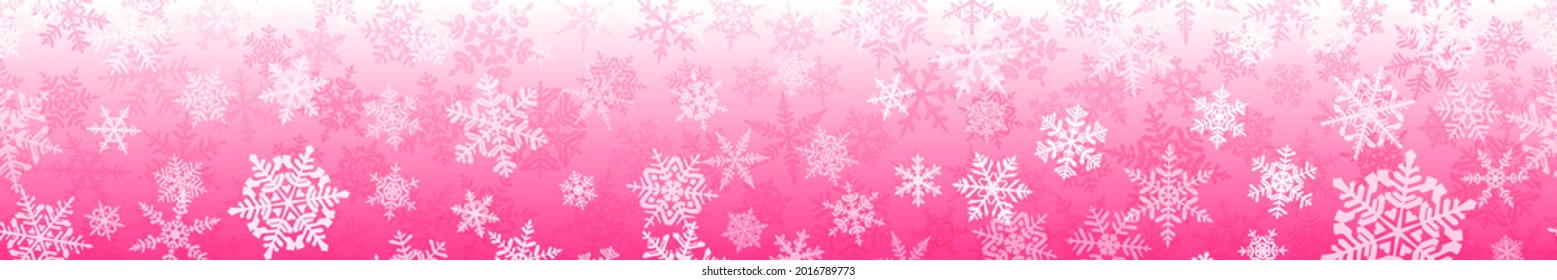 Banner of complex Christmas snowflakes with seamless horizontal repetition, in pink colors. Winter background with falling snow