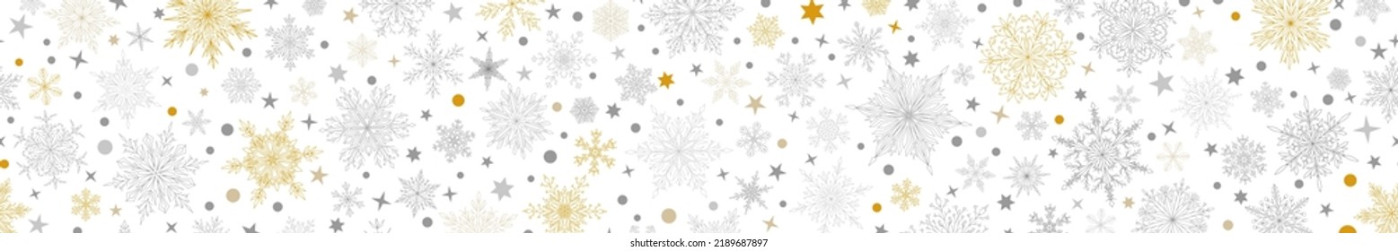 Banner of complex Christmas snowflakes in yellow and gray colors with seamless horizontal repetition. Winter background with falling snow