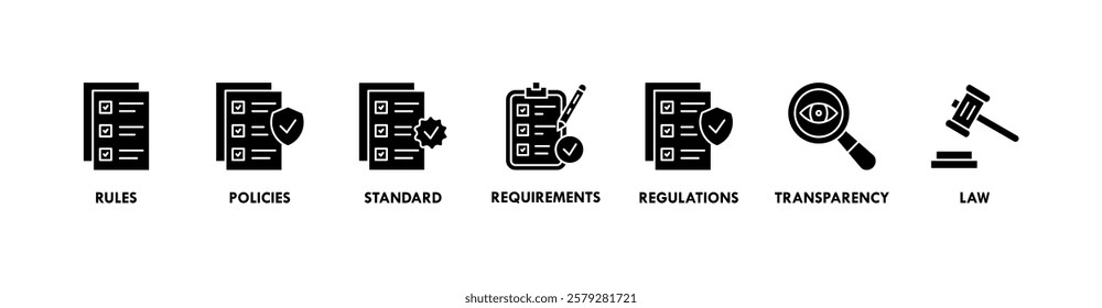 Banner of compliance web vector illustration concept with icons of rules, policies, standard, requirements, regulations, transparency, law