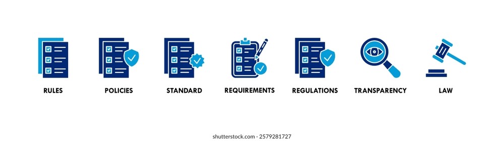 Banner of compliance web vector illustration concept with icons of rules, policies, standard, requirements, regulations, transparency, law
