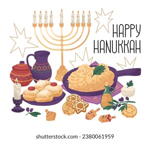 Cartel con una composición sobre el tema Celebración de la tradicional festividad judía Hanukkah. Valores familiares y rituales religiosos. Tarjeta de felicitación o invitación. Ilustración vectorial aislada.