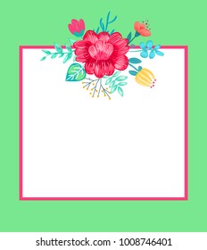 Banner with composition that is made up of flowers and frame with filling form inside, floral pattern and borders isolated on vector illustration