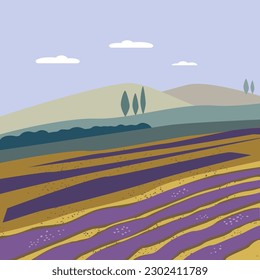 Cartel con el concepto de agricultura o agricultura. Ilustración vectorial con tierras de cultivo, campos de lavanda, montañas, colinas, paisaje agrícola. Estilo moderno y plano