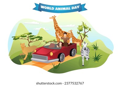 Banner concept animal day in flat cartoon style. A bold and eye-catching funny image proudly celebrates World Animal Day, drawing attention to the wonders of wildlife. Vector illustration.