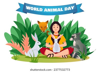 Banner concept animal day in flat cartoon design. This art work adorned with wild animals celebrates Animal Day, serving as tribute to the diverse and awe-inspiring creatures. Vector illustration.