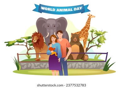 Banner concept animal day in flat cartoon style. This illustration inspire wonder and appreciation for the natural world, encouraging to learn more about fascinating creatures. Vector illustration.