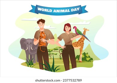 Banner concept animal day in flat cartoon design. This illustration serves as a reminder of responsibility to protect and cherish the incredible creatures that share our planet. Vector illustration.