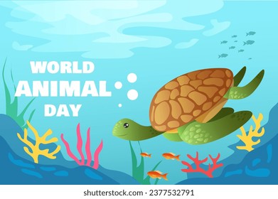 Banner concepto de día animal al estilo de las caricaturas planas. Una animada pancarta marca orgullosamente el Día Mundial de los Animales, con un animado desfile de tortugas que resalta las maravillas de la vida marina. Ilustración vectorial.