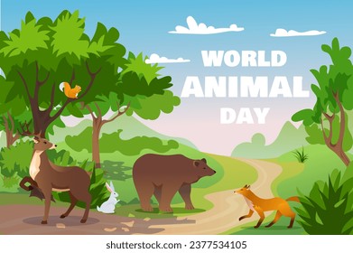 Banner concept animal day in flat cartoon design. Fascinating world of wild animals depict in exquisite detail, capturing the essence of their natural habitats and behaviors. Vector illustration.