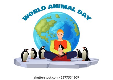 Banner concept animal day in flat cartoon design. This illustration is dedicated to World Animal Day, demonstrating people's concern for penguins. Vector illustration.