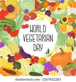 Banner concept for celebrating World Vegetarian Day. A holiday for people who give up meat. Autumn harvest. Isolated on white background vector illustration in flat style.