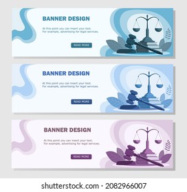 Banner concept of court justice and legal services of a lawyer. Judge's hammer and scales. Blue and green and purple. Vector flat illustration.