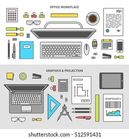 Banner concept graphics and projection, workplace collection of office items, equipment, and mobile devices, flat design icon, top view - vector illustration, computer, pencil, calculator and others