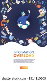 Banner concept of Information Overload, Digital hygiene, Stress, Time management. Overwhelmed man on a lifebuoy drowning in the information stream. Vector illustration in flat style.