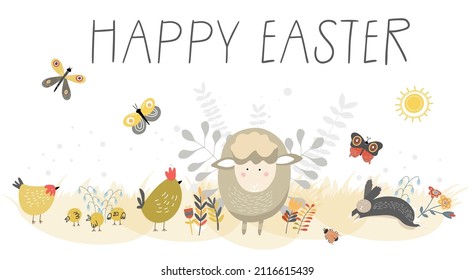 Banner, concept with the inscription Happy Easter with animal sheep, lamb, chickens, rooster, rabbit, running, jumping hare, flying butterflies, insects, insects, with grass and flowers.