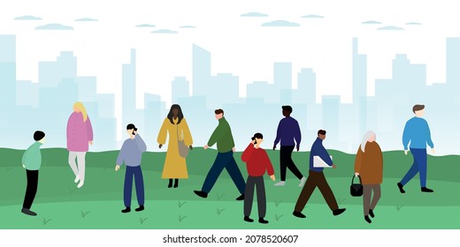 banner, the concept of interracial unity. A multiracial group of people who differ in skin color live in the city.Relocation, change of residence. Flat vector illustration