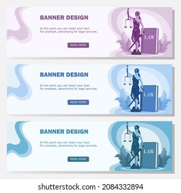 Banner concept of justice services of a lawyer attorney or notary and defense in court. The book of laws and the statue of the goddess of justice. Vector illustration in blue purple and green