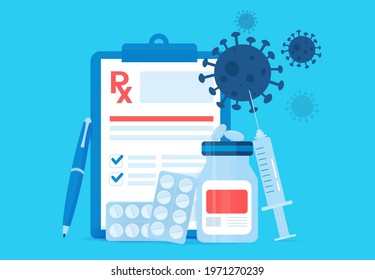 Banner Concept of a prescription form for coronavirus disease. Avoid cod-19. A syringe with different types of tablets and a syringe.