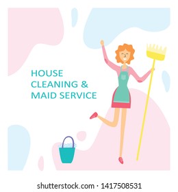 Banner concept for professional cleaning service company. Cartoon flat  Vector illustration maid in uniform have fun when cleans. Good for web, logo, template, invitation, card, poster.