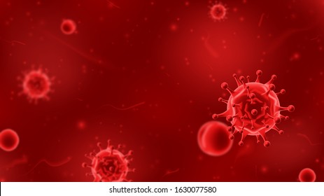 Banner concept with red viruses. Vector illustration with 3d microscopic bacteria and viruses. Coronavirus microbe cells in infected blood.