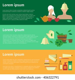 Banner. Concept. Sauna. Accessories for baths and saunas. Traditional tea. Cosmetics for bathing. Flat style.