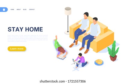 Banner concept stay home. The family is at home in self-isolation or quarantine. Compliance with recommendations to prevent the spread of coronavirus. Isometric vector illustration.