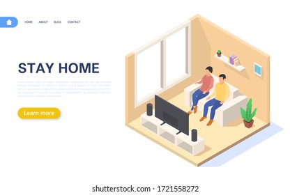 Banner concept stay home. A young couple is at home in self-isolation or quarantine. Compliance with recommendations to prevent the spread of coronavirus. Isometric vector illustration.