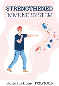 Banner with concept of strengthened immune system. Man with healthy and strong immunity protection from diseases caused by viruses and bacteria. Vector illustration.