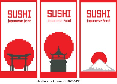 Banner concept for sushi restaurant. Old school computer graphic style.