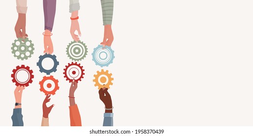Banner. Concept teamwork and cooperation between colleagues. Problem solving metaphor. Diverse people’s arms and hands holding one gear that fits into other cogwheel. Sharing. Community