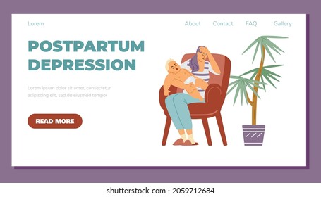 Banner concept with tired mom with crying baby in her arms sits in chair in flat vector illustration isolated on white background. Female character in postpartum depression, stress, frustration.
