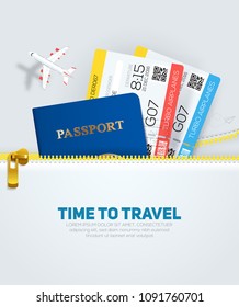 Banner concept for travel and tourism with passport and tickets in flat style from your zipper pocket.