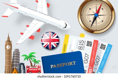 Banner concept for travel and tourism with vacation items accessories and landmarks in flat style.