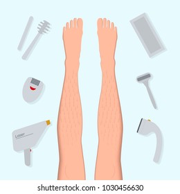 Banner concept with the types and methods of hair removal. Contour of a female foot in a paper art style flat vector illustration. Cosmetology and beauty salon delicate skin and hair care image.