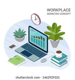 Banner concept of volumetric vector laptop with elements of infographics. Technology concept with the modern design of weekly and annual graphs, data analysis and digital statistics.
