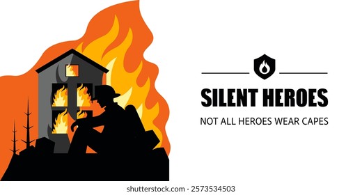 Banner of Conceptual Silhouette Illustration of a Firefighter Sitting with a Burning House