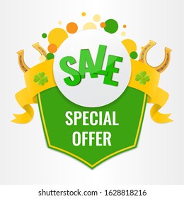 Banner with confetti in Irish colours, clover and horseshoe.. Sale label for Saint Patricks day. Vector image for promotion, web banner.