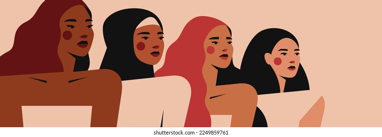 Banner with Confident women stand side by side together. Multicultural Portrait of four Females which support and care each other. Womens day greeting background. Vector illustration