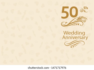 Banner for congratulation with a golden wedding. Gold postcard text and romantic pink background. Hearts, bows.