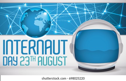 Banner with connection, symbolizing the world wide network, a globe and an astronaut helmet for Internaut Day celebration.